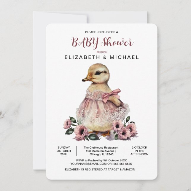Pink Floral Baby Duck Baby Duck Baby Show for Girl Einladung (Vorderseite)