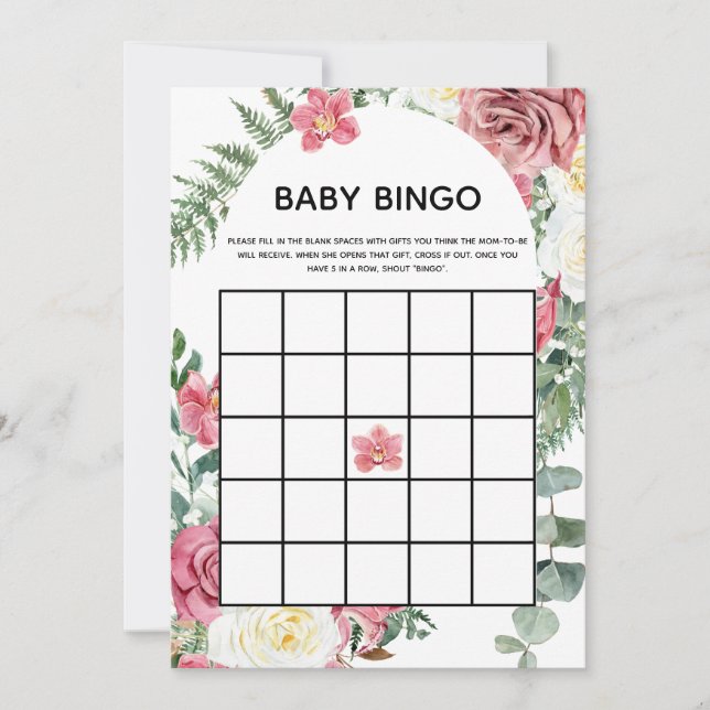 Pink Floral Baby Dusche Baby Bingo Card (Vorderseite)