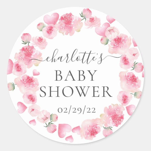 Pink Floral Baby Dusche Gefälligkeitsaufkleber Runder Aufkleber (Vorderseite)