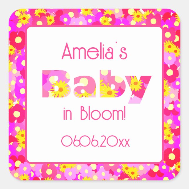 Pink Floral Baby Dusche Quadratischer Aufkleber (Vorderseite)