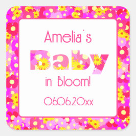 Pink Floral Baby Dusche Quadratischer Aufkleber
