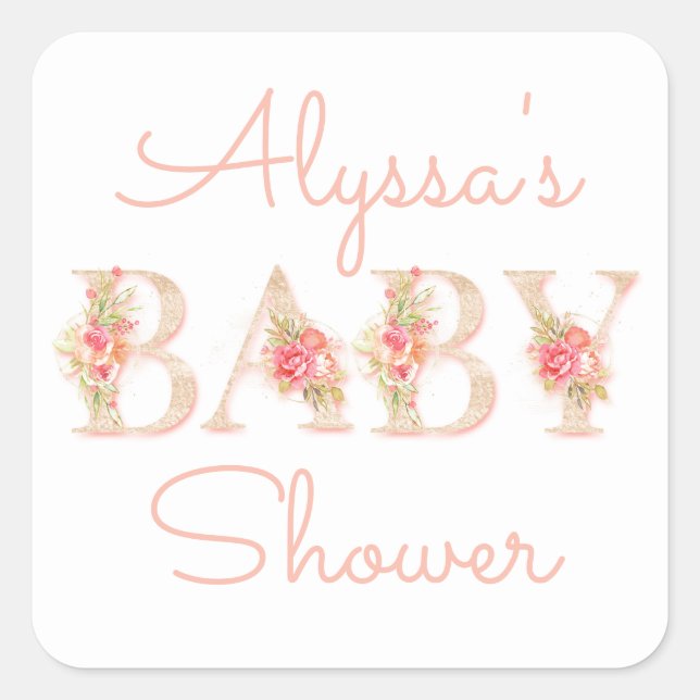 Pink Floral Baby Dusche Quadratischer Aufkleber (Vorderseite)