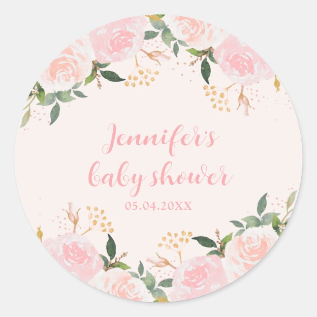 Pink Floral Baby Dusche Runder Aufkleber (Vorderseite)
