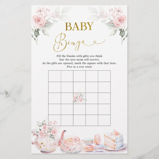 Pink Floral Baby Dusche Tee Party Baby Bingo Spiel (Vorderseite)