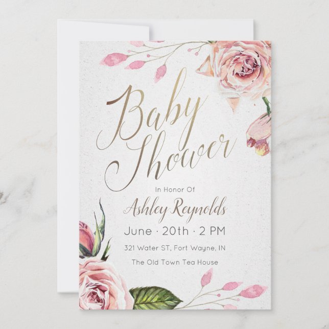Pink Floral Baby Dusche Tee Party Einladung (Vorderseite)