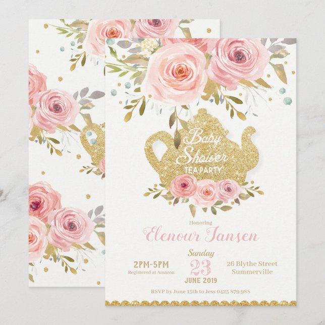 Pink Floral Baby Dusche Tee Party Einladung Girl (Vorne/Hinten)