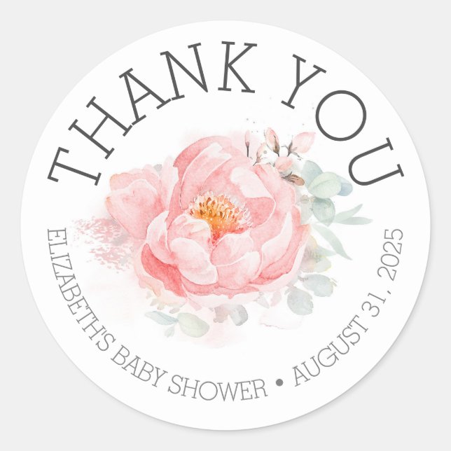 Pink Floral Baby Dusche Vielen Dank Runder Aufkleber (Vorderseite)