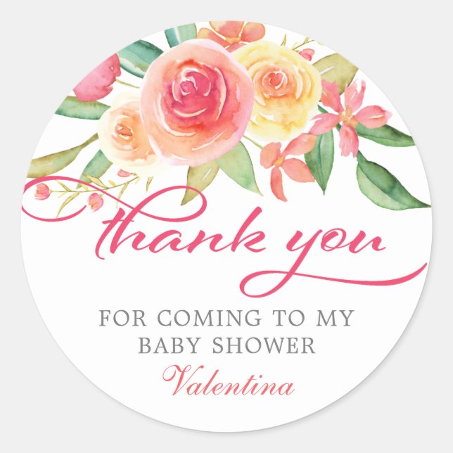 Pink Floral Baby Dusche Vielen Dank Runder Aufkleber (Vorderseite)