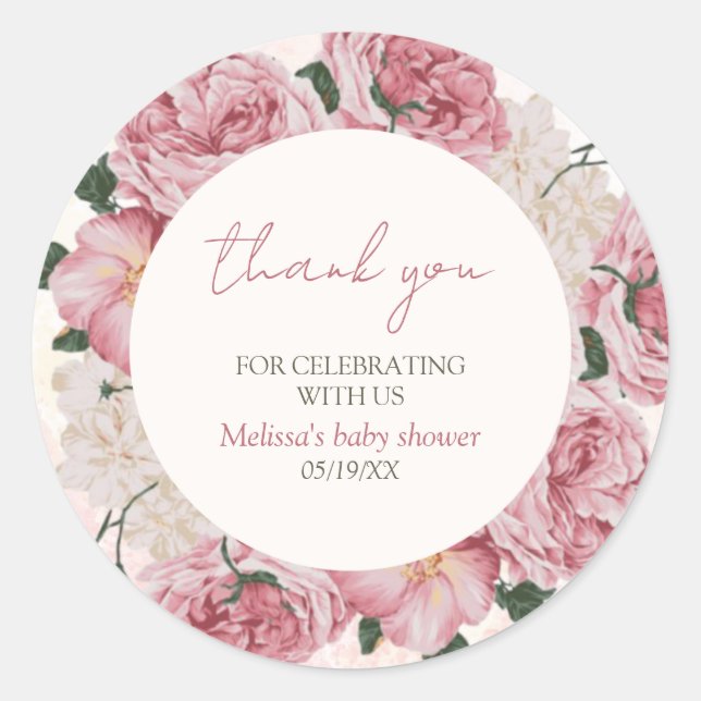 Pink Floral Baby Dusche Vielen Dank Sticker (Vorderseite)