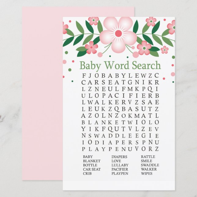 Pink Floral Baby Dusche Word Search Game (Vorne/Hinten)