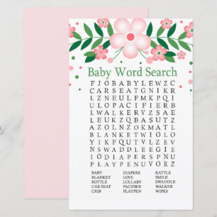 Pink Floral Baby Dusche Word Search Game