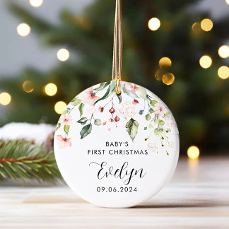 Pink Floral Baby First Christmas Baby Keramik Ornament