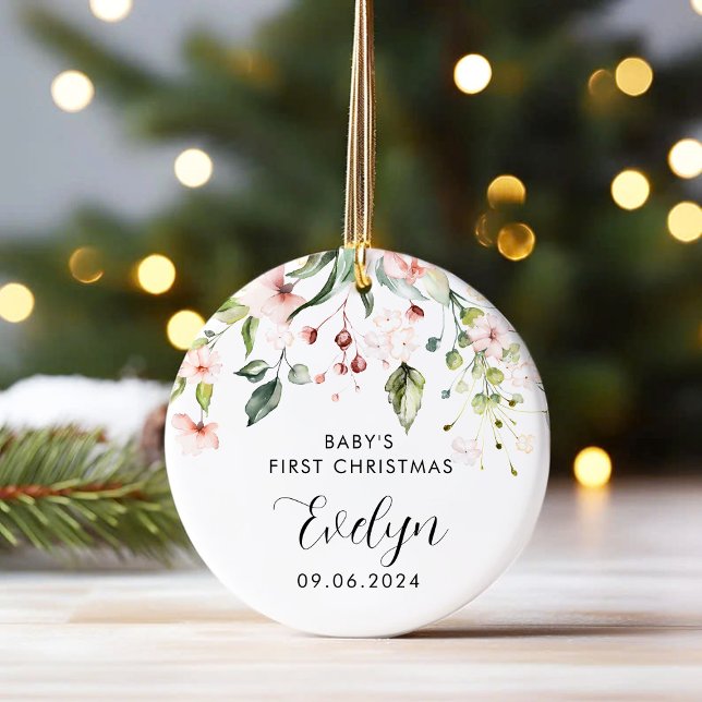 Pink Floral Baby First Christmas Baby Keramik Ornament (Von Creator hochgeladen)