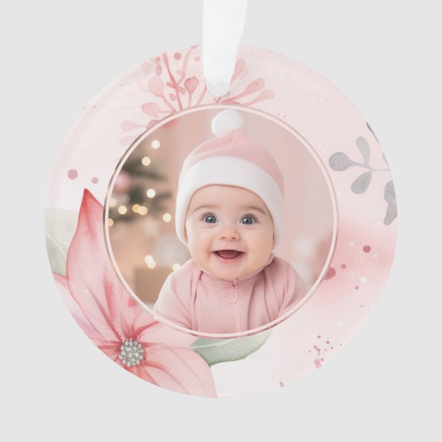 Pink Floral Baby First Christmas Photo Ornament (devant)