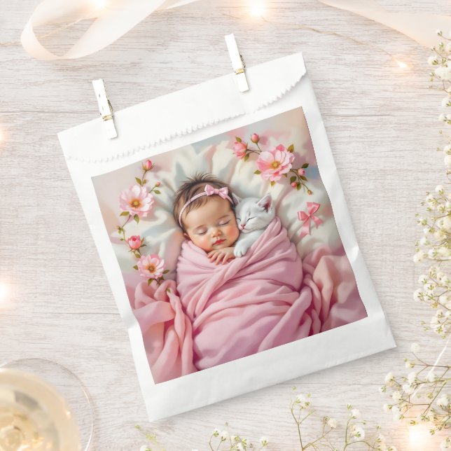 Pink Floral Baby Girl and White Kitten Geschenktütchen (Ausgeschnitten)