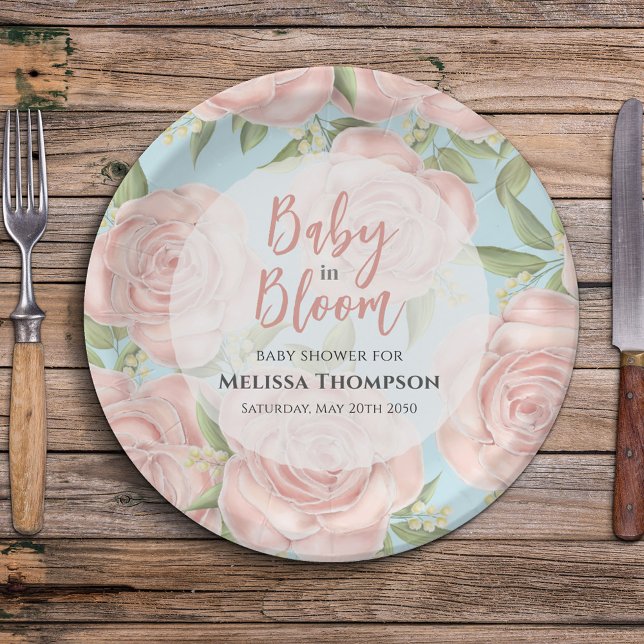 Pink Floral Baby Girl Custom Dusche Pappteller (Baby in bloom pink floral paper plates. )