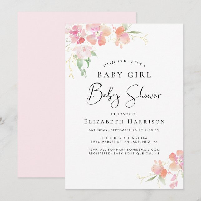 Pink Floral Baby Girl Dusche Einladung (Vorne/Hinten)