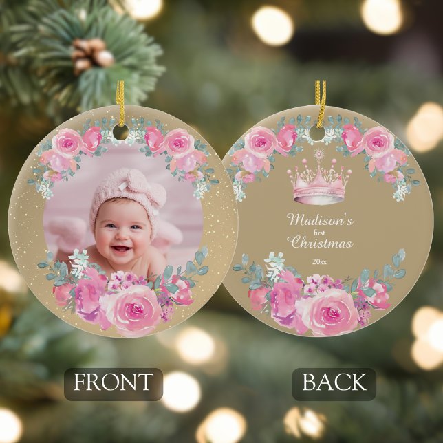 Pink Floral Baby Girl First Christmas Keramik Ornament (baby girls first christmas personalized photo pink gold floral ornament with custom name and year)