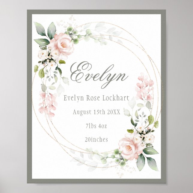 Pink Floral Baby Girl Geburtshinweis Poster (Vorne)