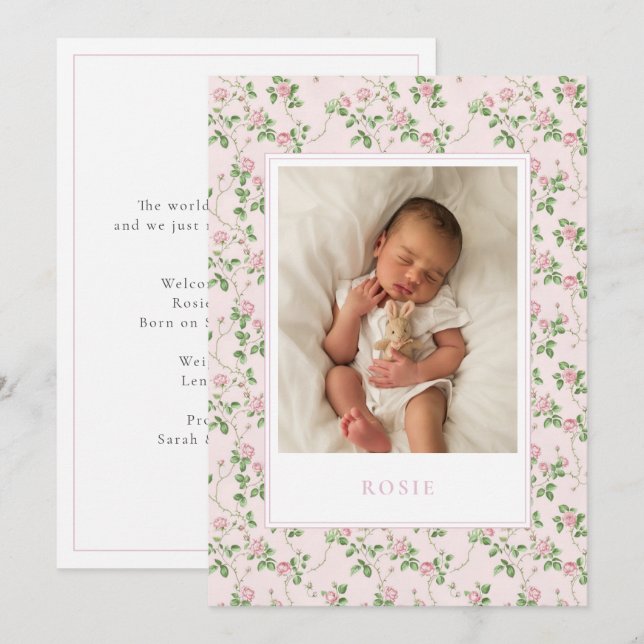 Pink Floral Baby Girl Geburtskarte Ankündigung (Vorne/Hinten)
