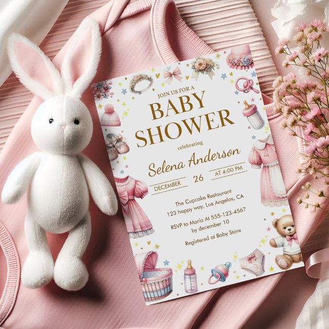 Pink Floral Baby Girl Shower Invitation with Toys  (Créateur téléchargé)