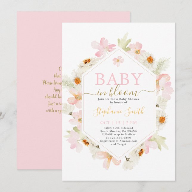 Pink Floral Baby in Bloom Baby Dusche Einladung (Vorne/Hinten)