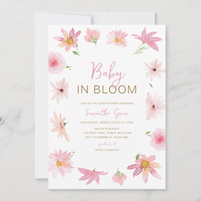 Pink Floral Baby in Bloom Baby Dusche Einladung (Vorderseite)