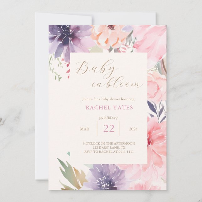 Pink Floral Baby in Bloom Baby Dusche Einladung (Vorderseite)