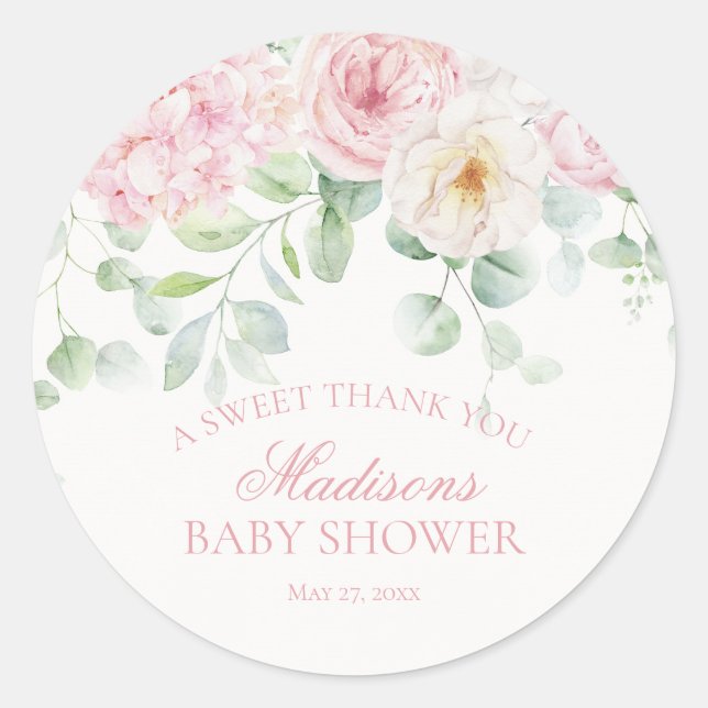 Pink Floral Baby in Bloom Baby Shower Circle Runder Aufkleber (Vorderseite)