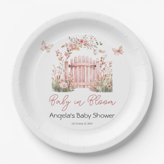 Pink Floral Baby in Bloom Butterfly Babydusche Pappteller (Vorderseite)