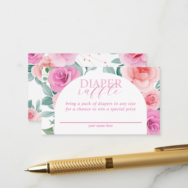 Pink Floral Baby in Bloom Diaper Raffle Begleitkarte (Vorderseite/Rückseite Beispiel)