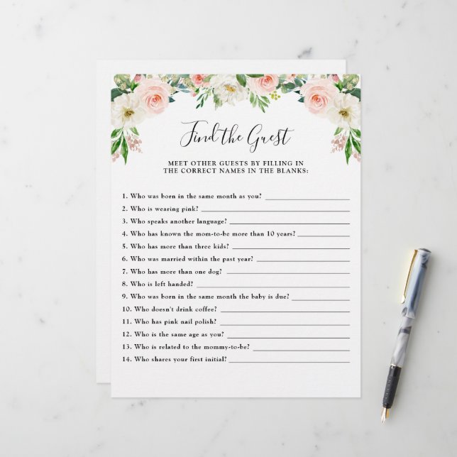 Pink Floral Baby Shower Game Finden Sie den Gast (Vorderseite/Rückseite Beispiel)