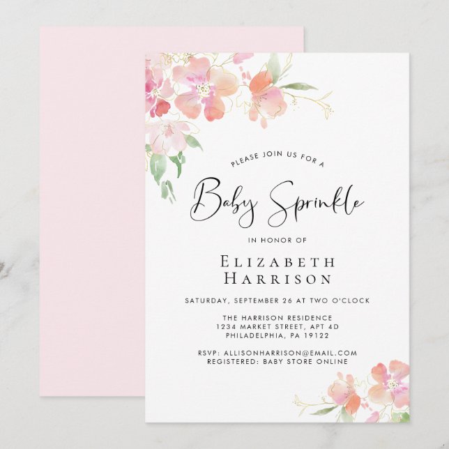 Pink Floral Baby Sprinkcolor Einladung (Vorne/Hinten)