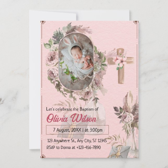 Pink Floral Baby Taufe Einladung | Modernes Minim (Vorderseite)