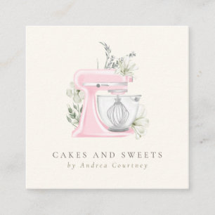 Pink Floral Bäckerei Konditorei Wasserfarben Mixer Quadratische Visitenkarte
