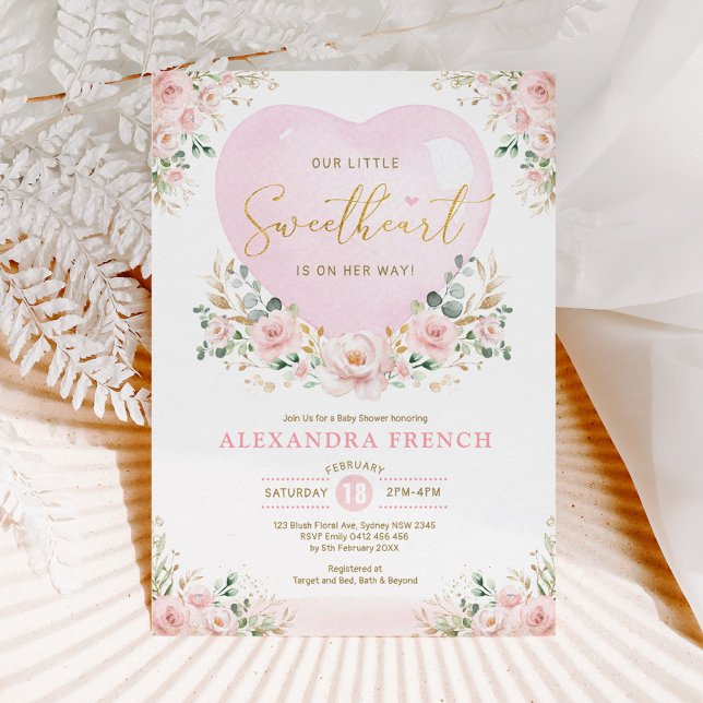 Pink Floral Ballon Sweetheart Baby Girl Dusche Einladung (Von Creator hochgeladen)
