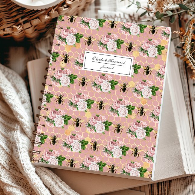 Pink Floral Bees Honeycomb Muster Personalisiert Notizbuch (Von Creator hochgeladen)
