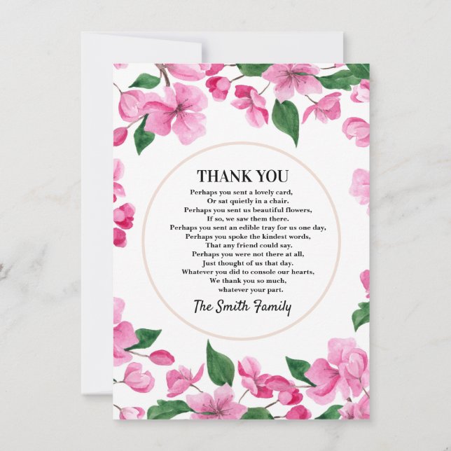 Pink Floral Beileid Danke Karte (Rückseite)