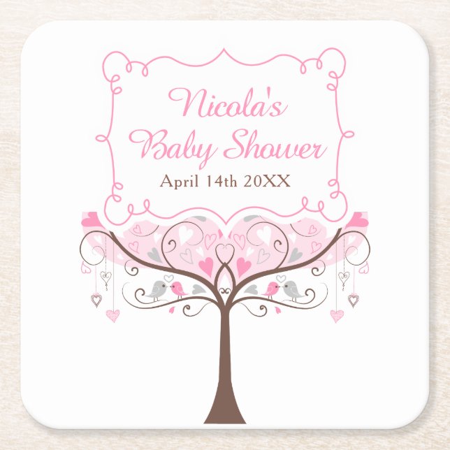 Pink Floral Bird Baby Shower  Rechteckiger Pappuntersetzer (Vorderseite)