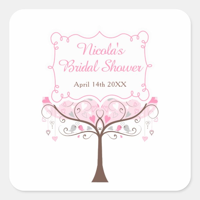 Pink Floral Bird Bridal Shower  Quadratischer Aufkleber (Vorderseite)