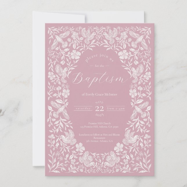 Pink Floral Birdie Baby Taufe Einladung (Vorderseite)