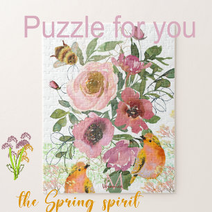 Pink floral blanc Puzzle avec oiseaux