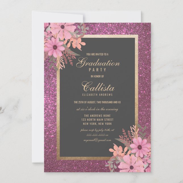 Pink Floral Blätter Aquarell Glitzer Abschluss Einladung (Vorderseite)