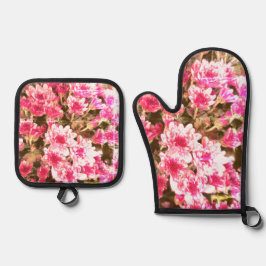 Pink Floral Bloom Pattern Ofenhandschuh & Topflappen-Set