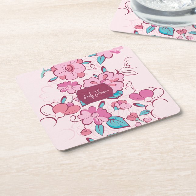 Pink Floral Blossom Script Name Paper Coaster Rechteckiger Pappuntersetzer (angewinkelt)