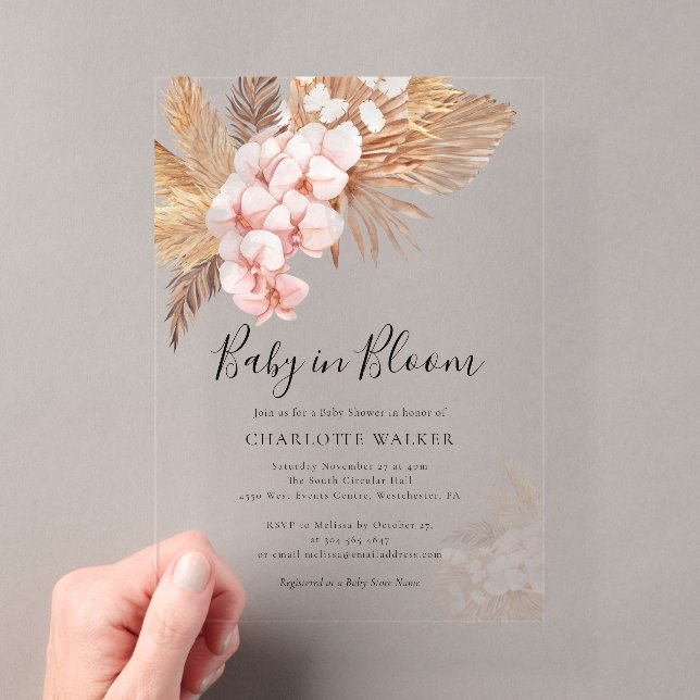 Pink Floral Boho Baby in Bloom Pampas Grass Dusche Acryleinladungen (Insitu (Handheld))
