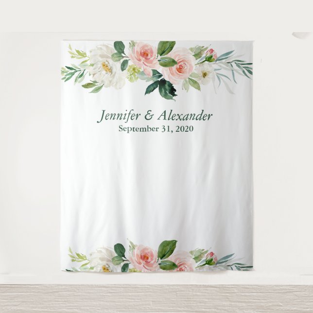 Pink Floral Boho Hochzeitsstand Foto Hintergrund Wandteppich (Vorderseite)