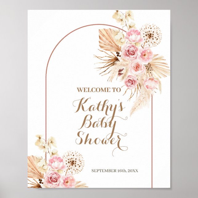 Pink Floral Boho Pampas Baby Dusche Begrüßungszeic Poster (Vorne)