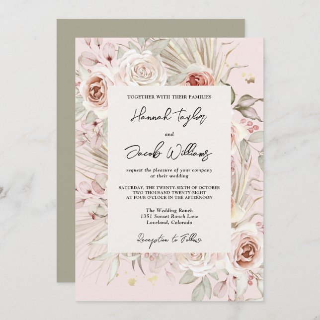 PInk Floral Boho Rustic Wedding Einladung (Vorne/Hinten)