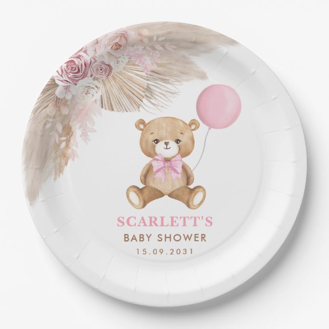 Pink Floral Boho Teddy Bear Balloon Baby Girl Pappteller (Vorderseite)